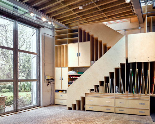 syte architects transforms studio in london with floating mezzanine and plywood staircase