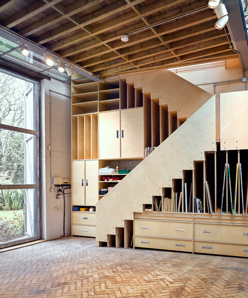 syte architects transforms studio in london with floating mezzanine and plywood staircase