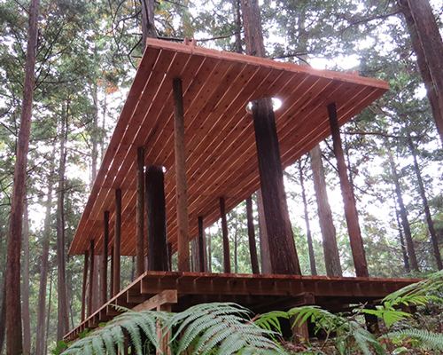 x-studio's wooden pavilion in japanese forest pays homage to black-ink paintings