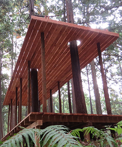 x-studio's wooden pavilion in japanese forest pays homage to black-ink paintings