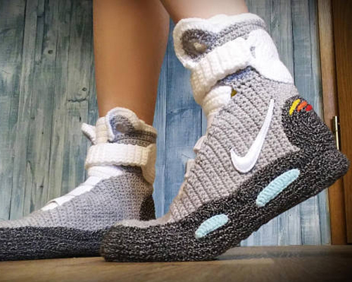 now you can slip on a crochet pair of back to the future NIKE air mags and bitcoin high tops