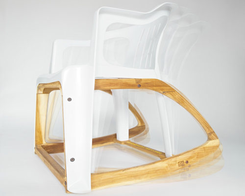 seniman's 'bar roker' rocking chair combines plastic mold and balinese reclaimed wood