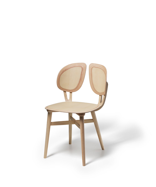 michele de lucchi designs filla chair with split leaf-like backrest for very wood