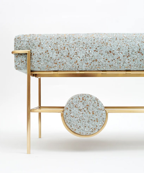 bina baitel designs jewelry-like furniture using brass, pink marble and terrazzo fabric