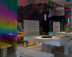 iridescent diner by infinity nide features colored, electroplated steel and white concrete