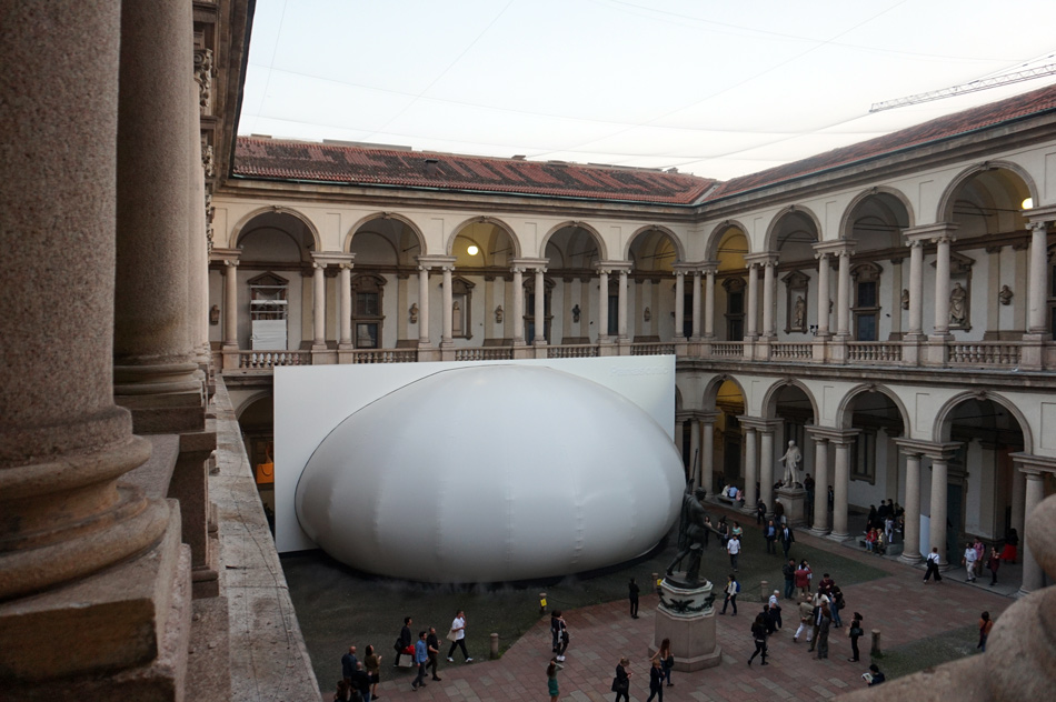 panasonic installs a 'water-drop pavilion' within milan's pinacoteca di brera