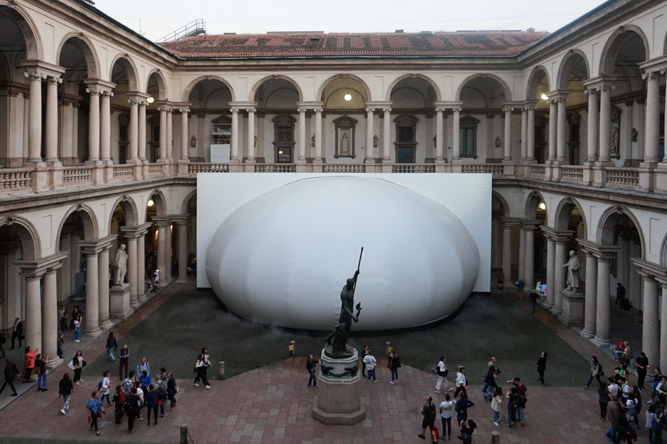 panasonic installs a 'water-drop pavilion' within milan's pinacoteca di brera