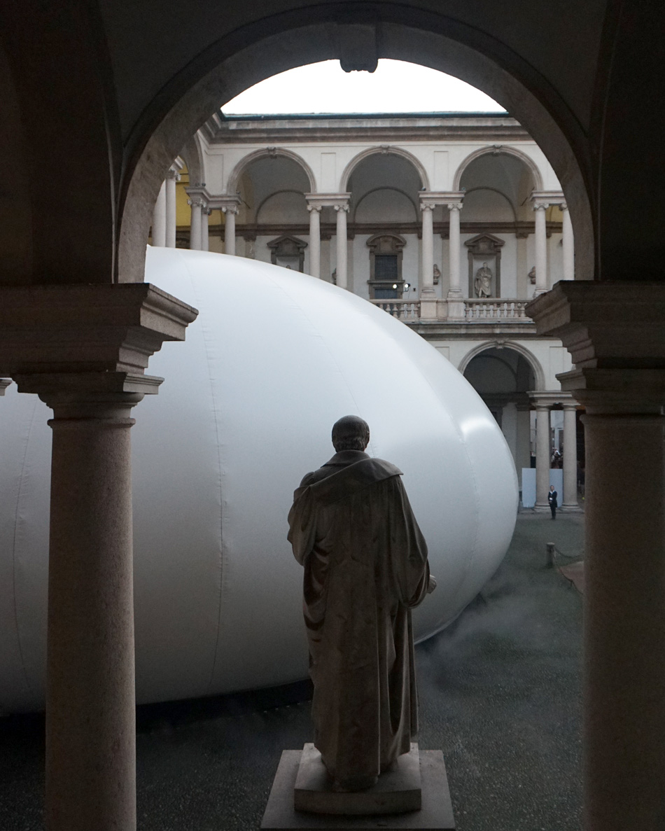 panasonic installs a 'water-drop pavilion' within milan's pinacoteca di brera