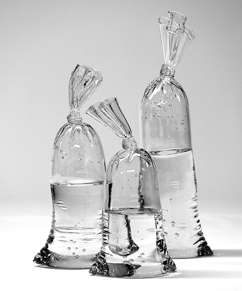 these water-filled plastic bag sculptures are made entirely out of glass