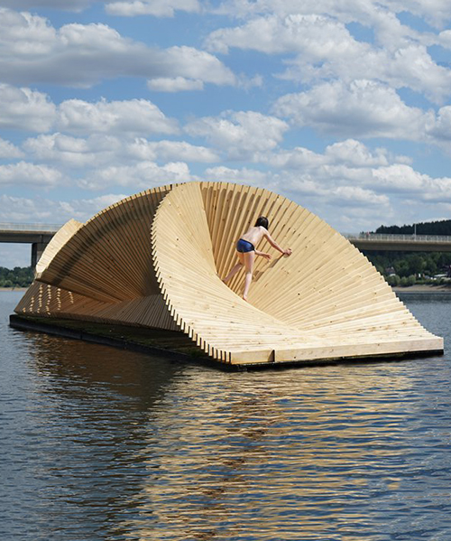 daewha kang design creates circe, a floating pavilion made of 278 identical pieces of wood