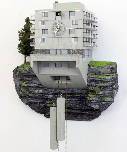 zimmermann's cuckoo clocks are miniature replicas of brutalist and bauhaus architecture