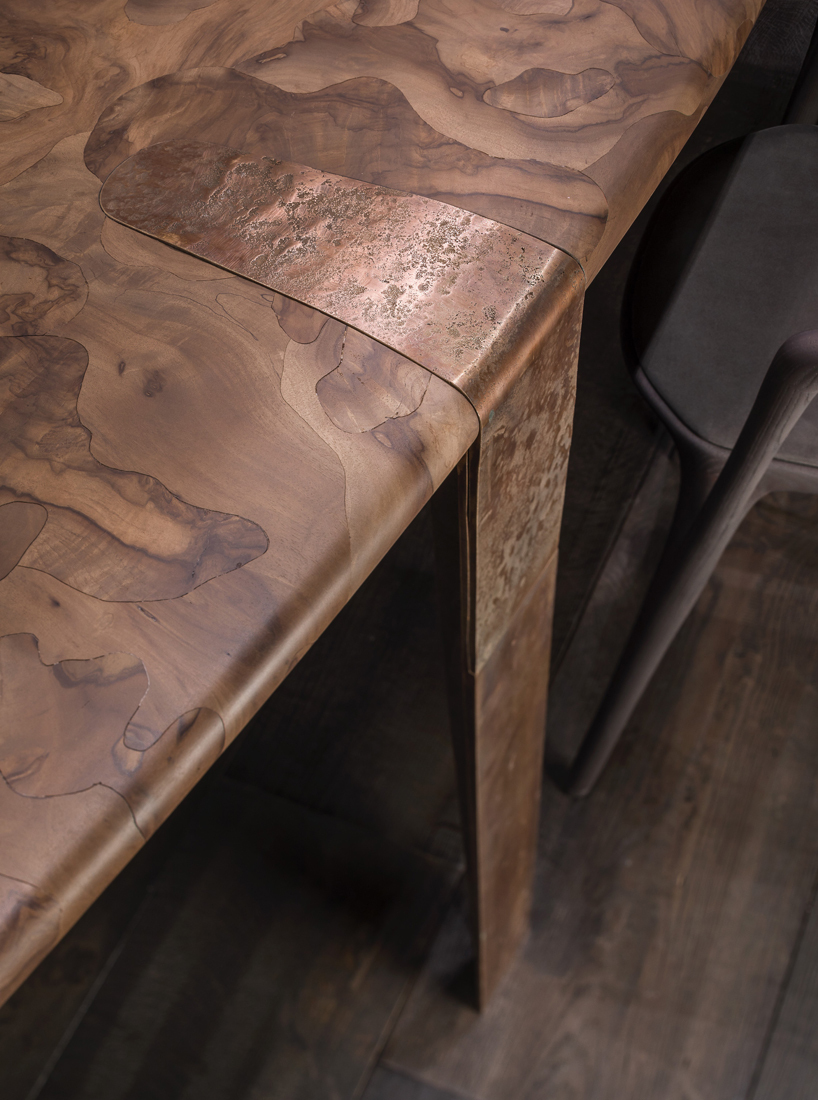 henge handcrafts oxymoron dining table with micro-mosaic top of walnut