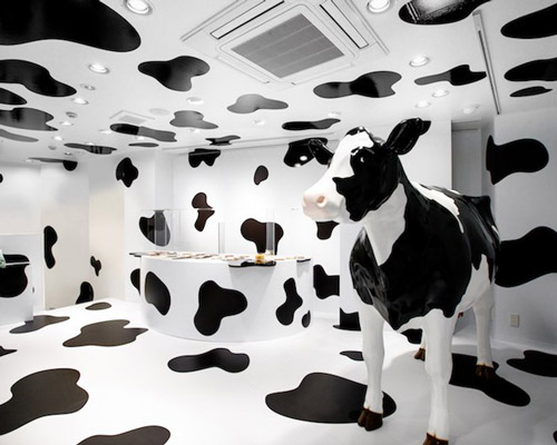 ryusuke nanki covers pop up store 'milk land' in shibuya in cow pattern