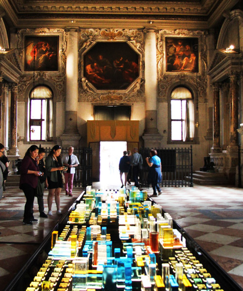 wonderglass' kosmogonos installation in venetian church refers to satellite image of modern city