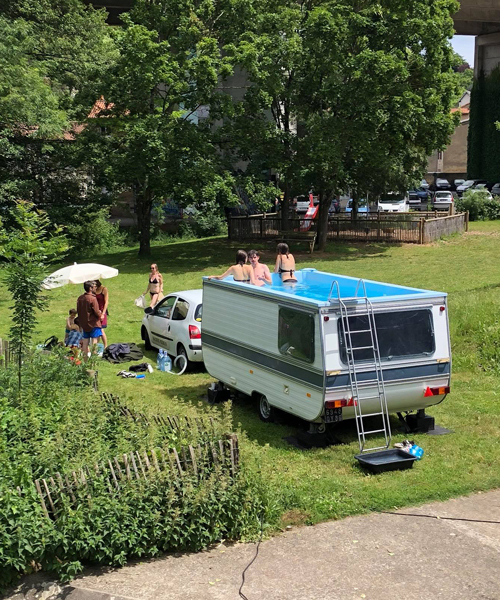 benedetto bufalino turns old caravan into mobile swimming pool