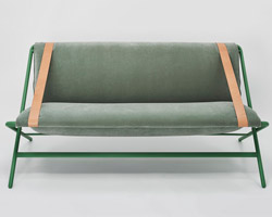 hamanishi uses leather belts to fasten foldable sofa inspired by the modest deckchair