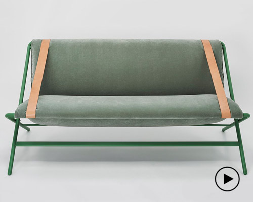 hamanishi uses leather belts to fasten foldable sofa inspired by the modest deckchair