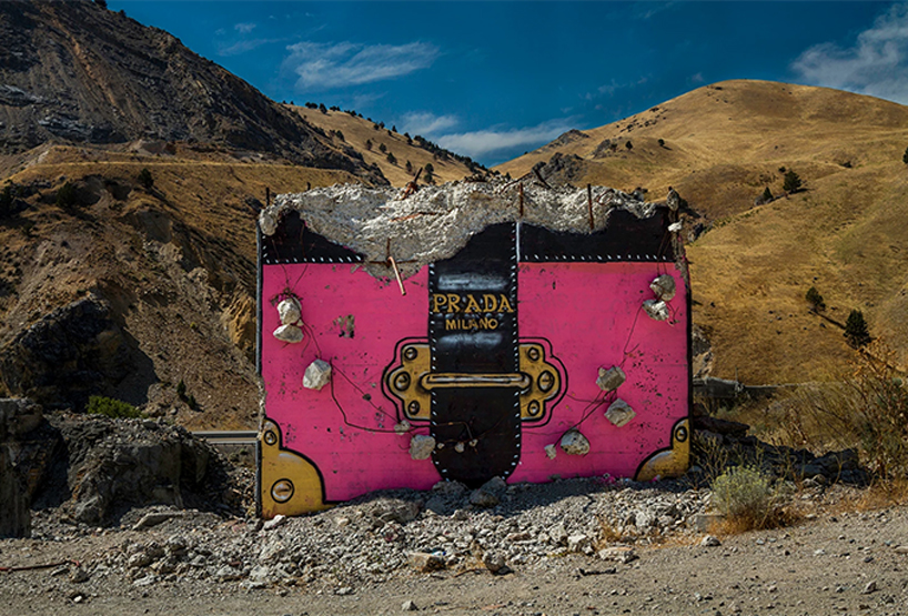 thrashbird turns concrete ruins in the desert into oversized luxury handbags