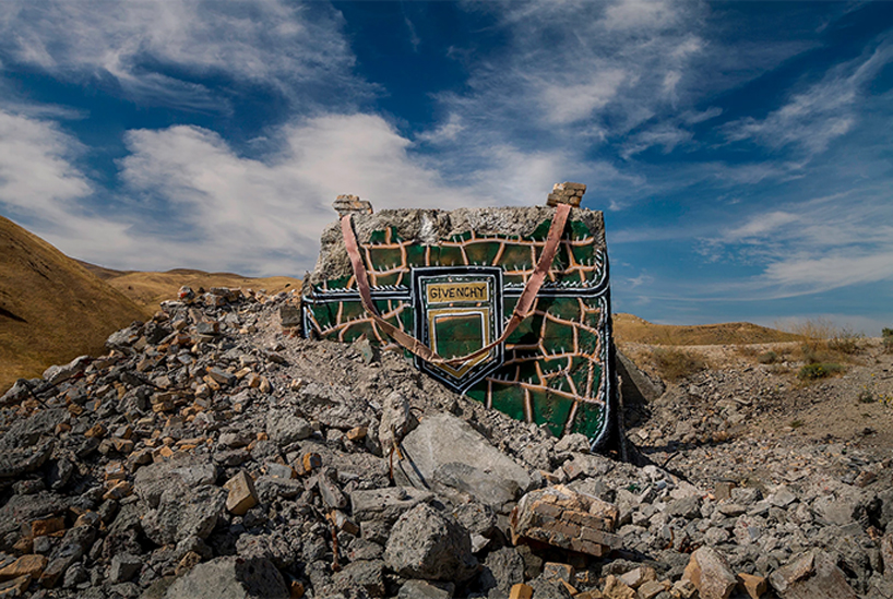 thrashbird turns concrete ruins in the desert into oversized luxury handbags