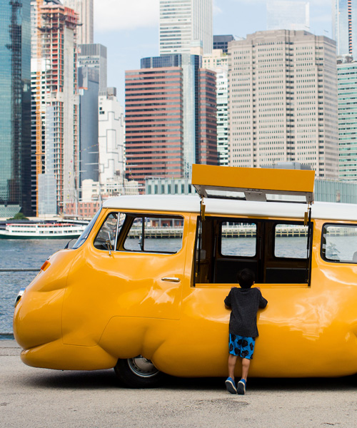 erwin wurm parks beefy 'hot dog bus' in brooklyn, serving up free franks all summer long
