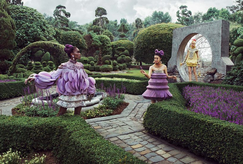 chinese couture visionary guo pei's sculptural creations are shot in otherworldly environments