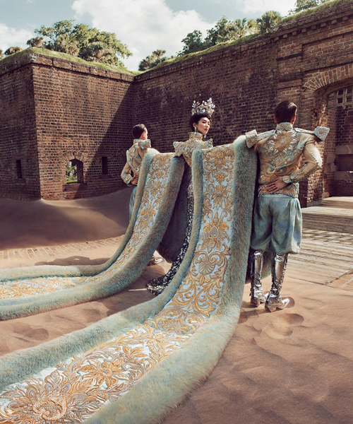 chinese couture visionary guo pei's sculptural creations are shot in otherworldly environments