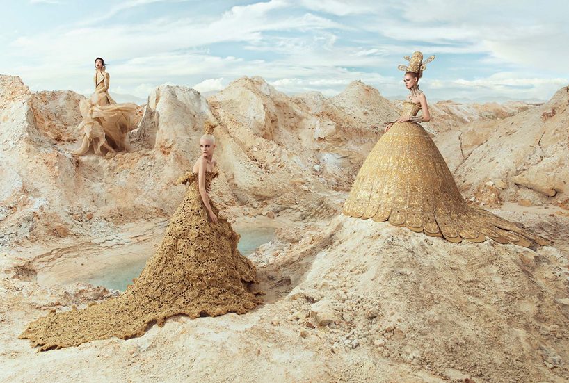 chinese couture visionary guo pei's sculptural creations are shot in otherworldly environments