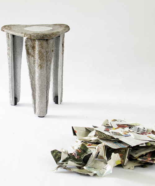 taeg nishimoto channels pre-historic forms for series of recycled paper pulp stools
