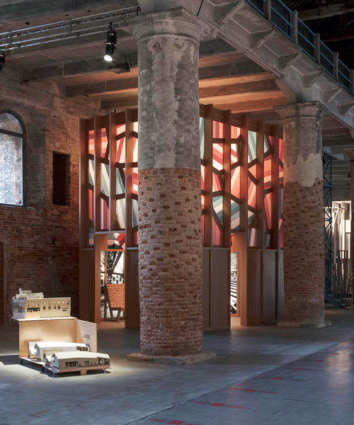sauerbruch hutton's venice biennale installation combines solid timber with a translucent pattern
