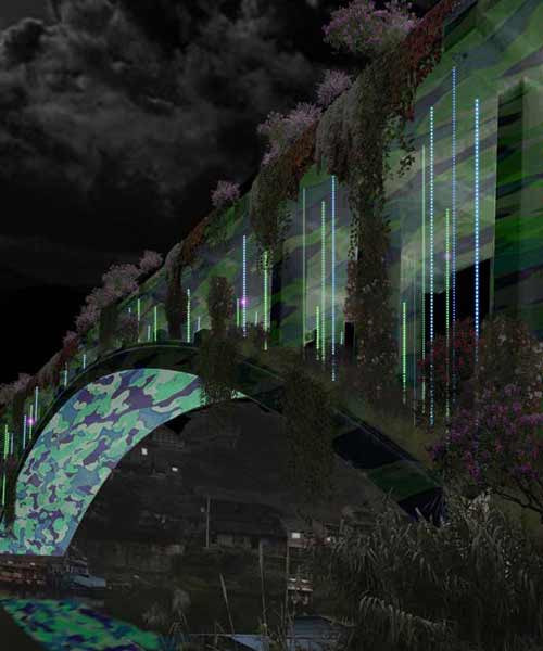 brut deluxe uses thousands of LEDs to convert chinese bridge into a landscape light installation