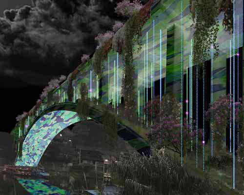 brut deluxe uses thousands of LEDs to convert chinese bridge into a landscape light installation