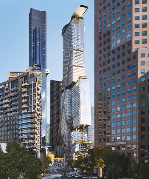 coop himmelb(l)au's melbourne tower proposal is topped with a cantilevered penthouse