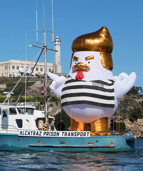 inflatable 'trump chicken' sets sail around san francisco bay