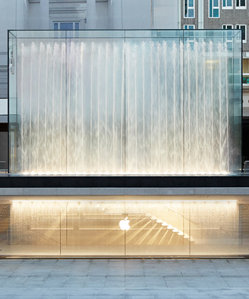 apple's sunken milan store is entered through a cascading fountain