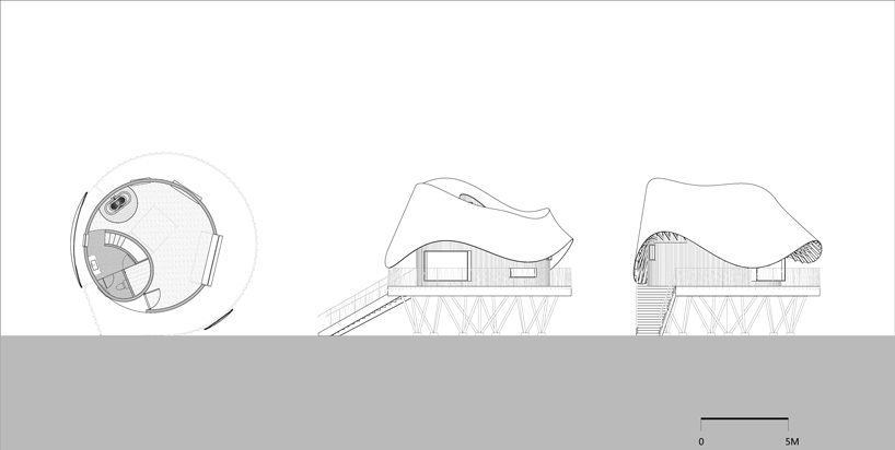 the undulating roof of this bamboo treehouse by monoarchi dictates its circular sequence of spaces