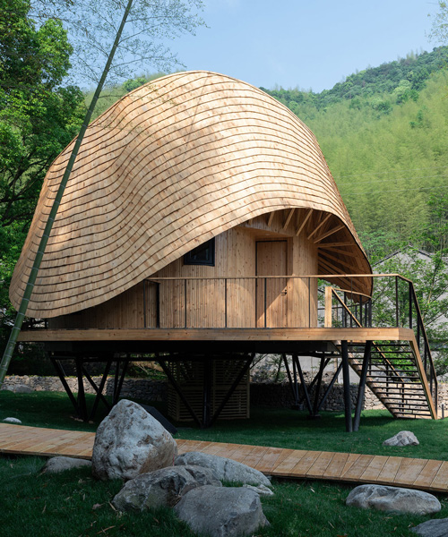the undulating roof of this bamboo treehouse by monoarchi dictates its circular sequence of spaces