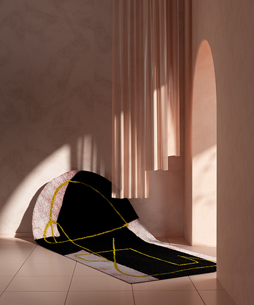 studio proba debuts an artful collection of rugs draped among dreamlike rendered interiors