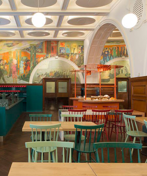 london's royal academy of arts cafe is reborn as colourful marketplace by LOT and transit studio