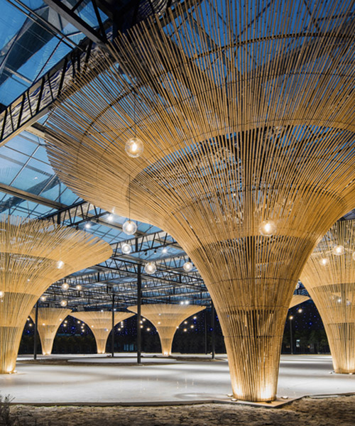 mix architecture transforms a chinese sun shed into a banquet hall with 12 bamboo pillars