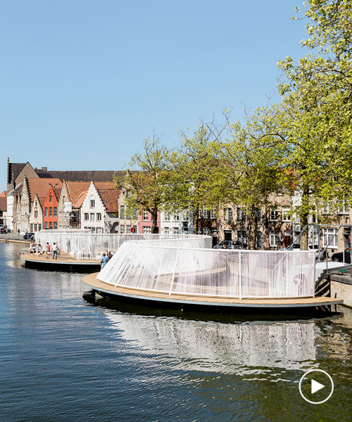 pavilion with playful swings and hammocks floats in a bruges canal, by OBBA and dertien 12