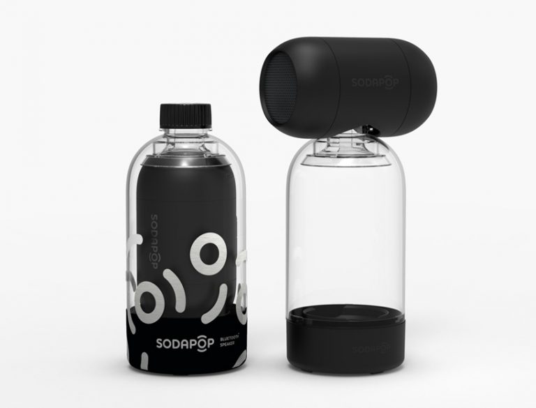 the sodapop speaker attaches to an empty plastic bottle to boost its bass