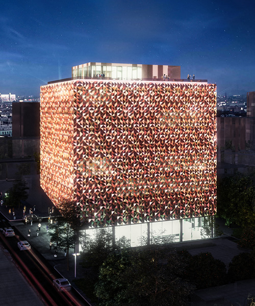 stefano boeri's 'blloku cube' in tirana will be clad with a pattern of aluminum triangles
