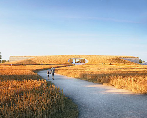 VAARO + gabriel fain's barilla visitor center in parma features a wheat field on the roof
