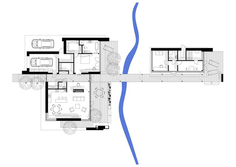 modernist house in lithuanian pine forest bridges a creek, by archLAB