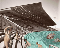 an imaginary pool party with bathing renaissance women at nervi's stadium, by ben goldstein