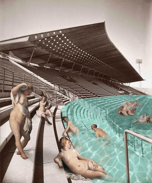 an imaginary pool party with bathing renaissance women at nervi's stadium, by ben goldstein