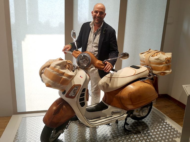 bottega conticelli unveils vespa wrapped in leather at homo faber