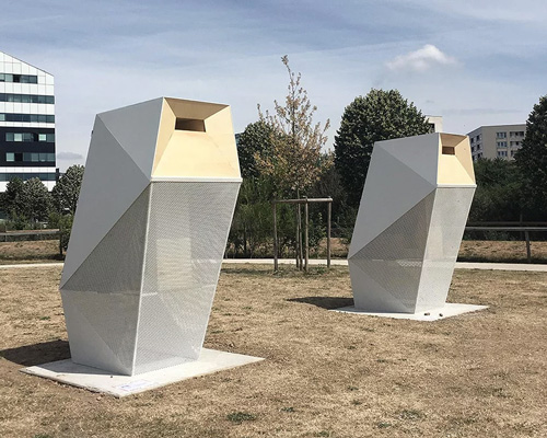 BplusB architectures shapes urban beehives like geometric totem animals for a park in lille