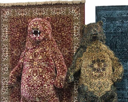 debbie lawson shapes immersive animal sculptures out of traditional persian rugs