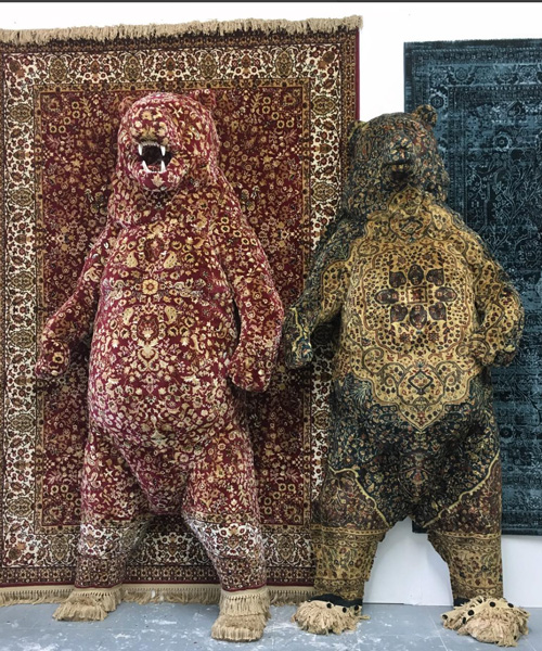 debbie lawson shapes immersive animal sculptures out of traditional persian rugs
